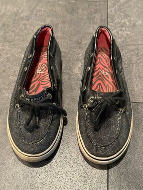 Sperry Kids Black Canvas Boat Shoes with Pink Zebra Insole